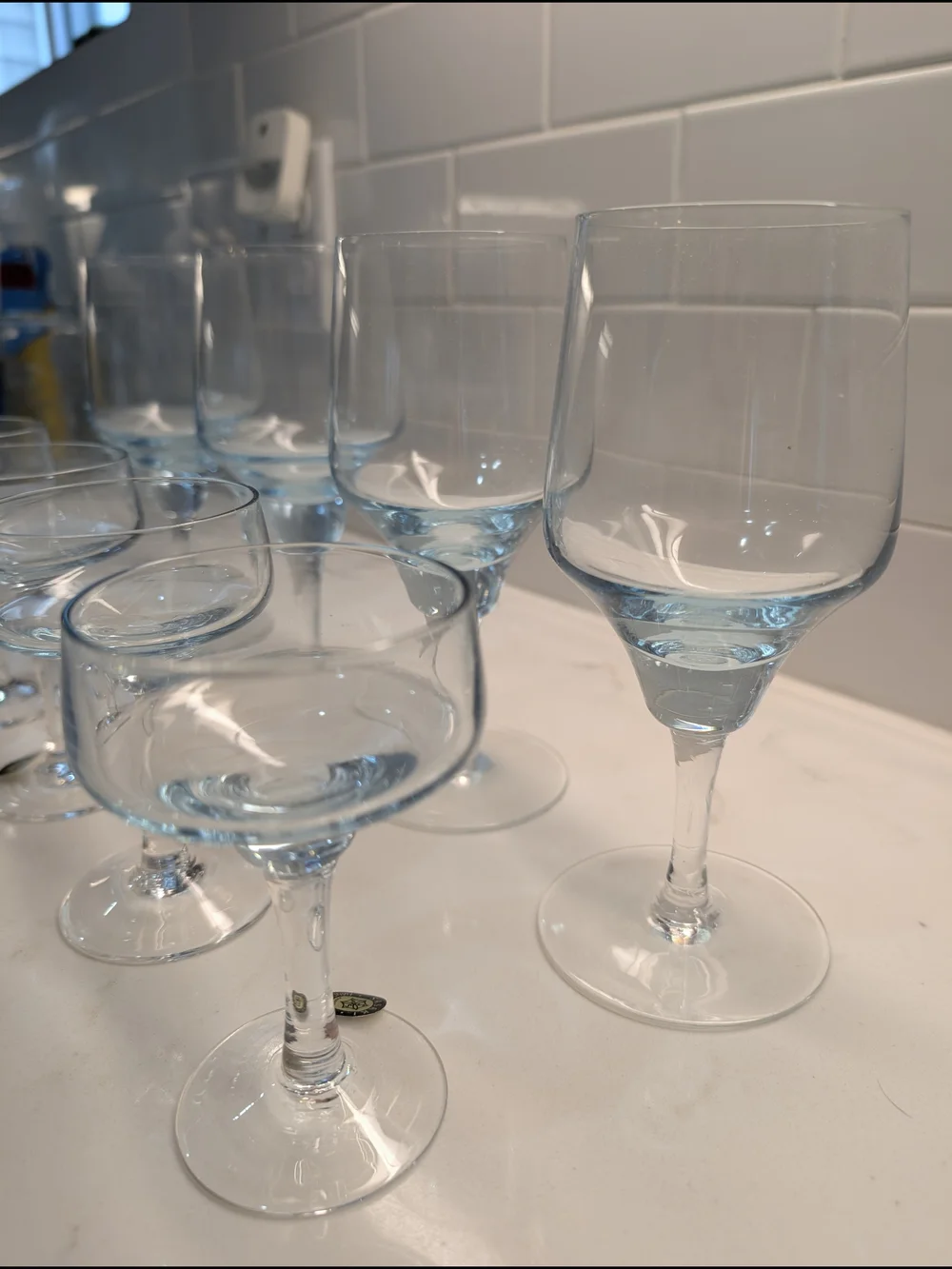 Mid-Century Modern Light Blue Sasaki Glass Wine Glasses & Cocktail Coupes - Set